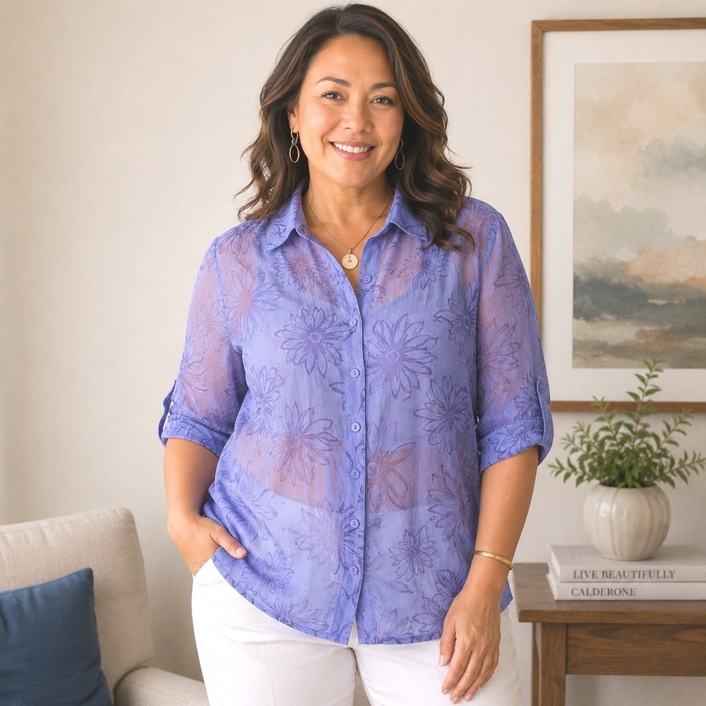 Mirasol Periwinkle Sheer Floral Burnout Button Up Top Sz 1X Plus Lightweight Top